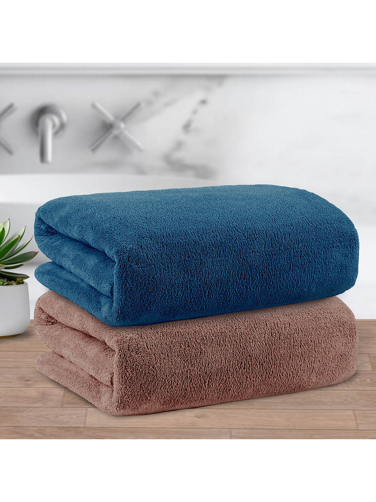 Story@Home 400 GSM Microfiber Bath Towel, Navy Blue & Light Brown, Solid (Pack of 2)-image-35