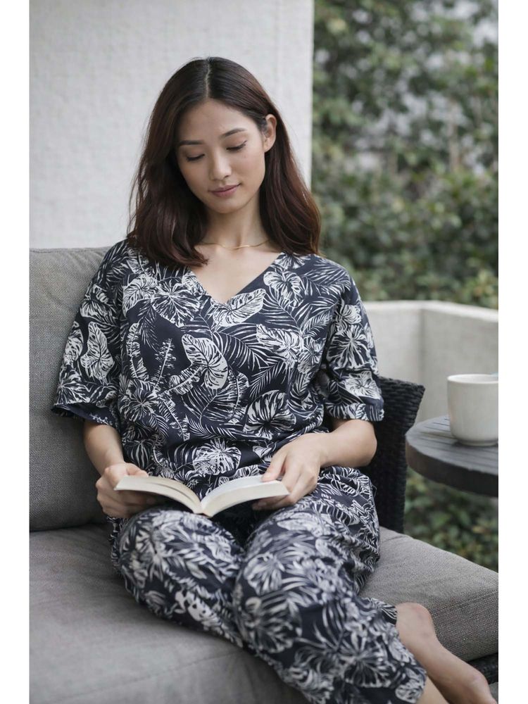 Dear Bed Comfort Clothing Black Box Fit Cotton Top & Pyjama Lounge Set-image-4