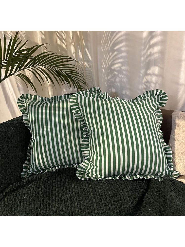 LUSHLYF Palm Parade Ruffle Cushion Cover Green & Cream Stripe With Frilled Edges (Pack of 2)-image-49