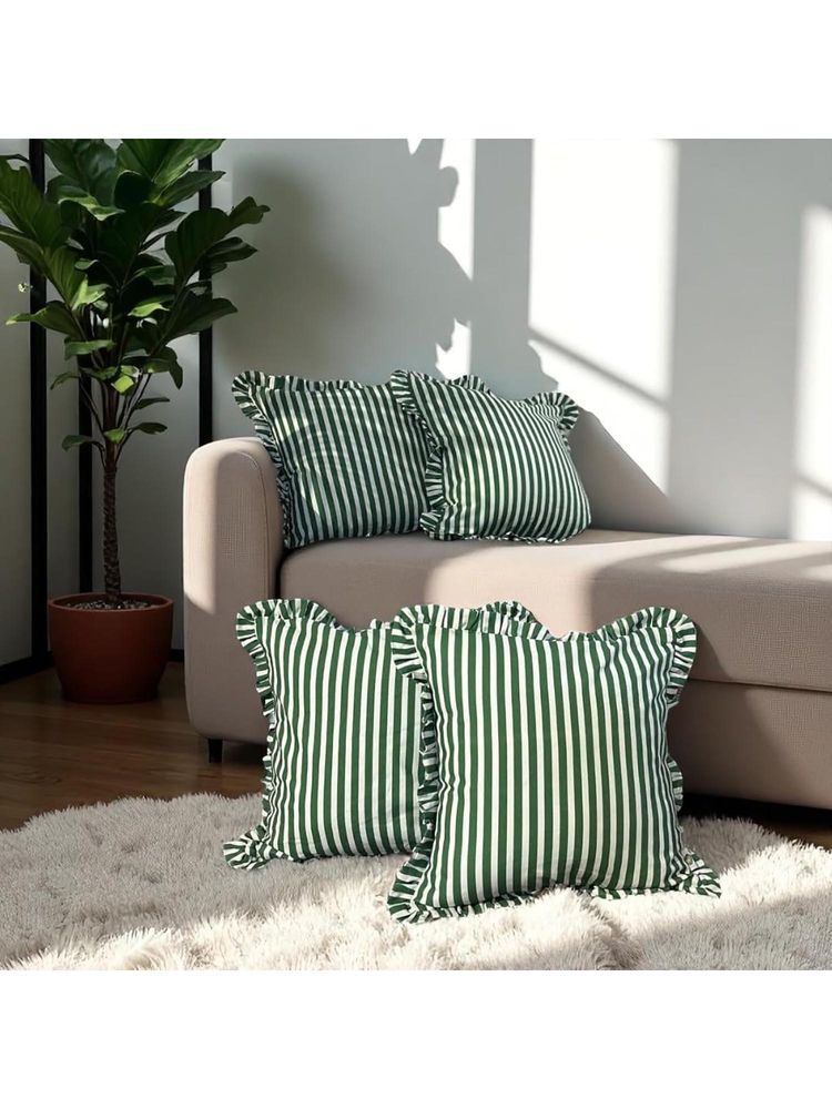 LUSHLYF Palm Parade Ruffle Cushion Cover Green & Cream Stripe With Frilled Edges (Pack of 4)-image-6