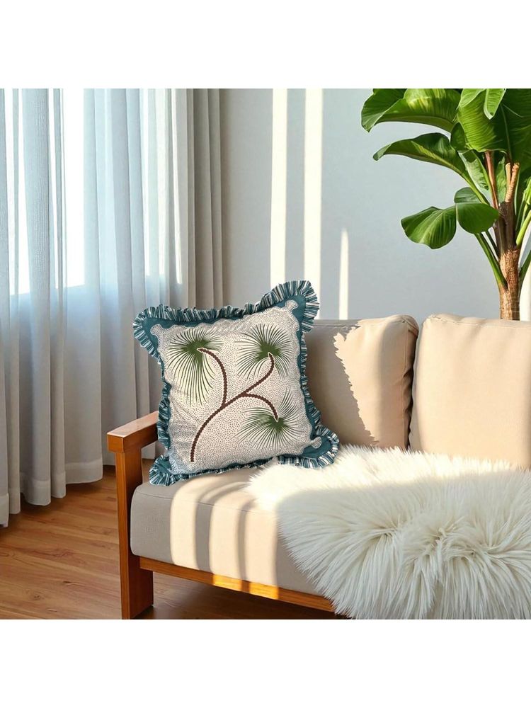 LUSHLYF Tropical Sway Ruffle Cushion Cover Green & Teal Palm Leaf With Striped Frill-image-43