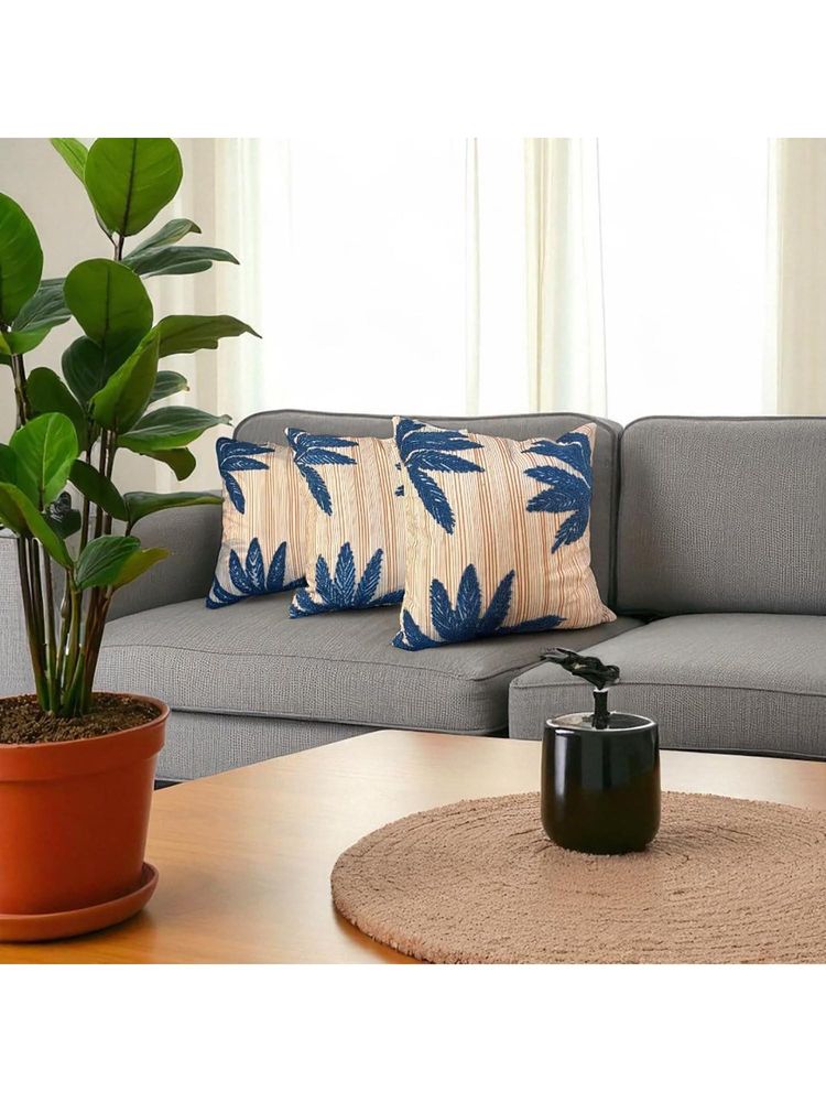 LUSHLYF Tropical Whisper Embroidered Cushion Cover Blue Palm Leaf On Rust Stripe (Pack of 3)-image-44