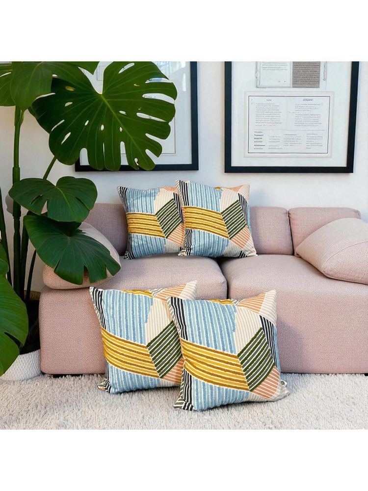 LUSHLYF Urban Mosaic Embroidered Cushion Cover Cotton Slub Aari Work Patchwork (Pack of 4)-image-14