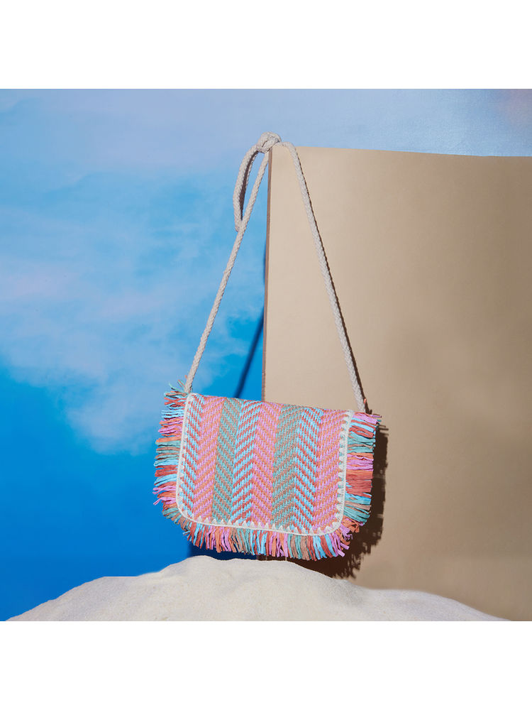 Pipa Bella by Nykaa Fashion Mia Pink and Green Woven Vacay Sling Bag with Tassels-picture-21