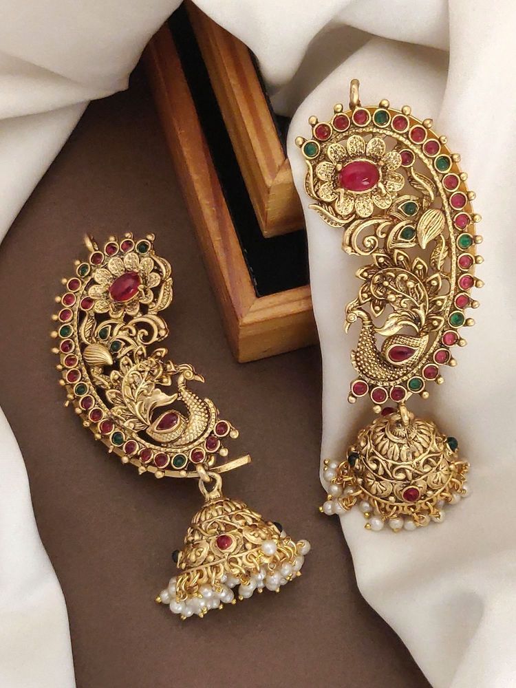 Abdesigns Gold-Plated Kemp Stone Studded Temple Earrings-image-22