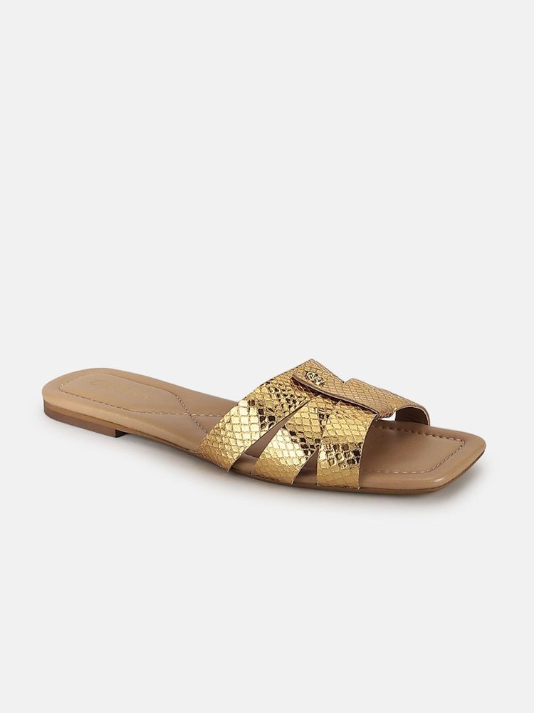 Guess Women Gold Solid Slip On Square Toe Flats-image-36