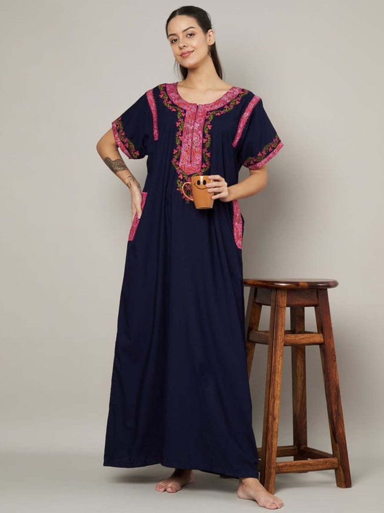 KOI SLEEPWEAR Navy Blue Embroidered A-Line Night Dress-picture-12