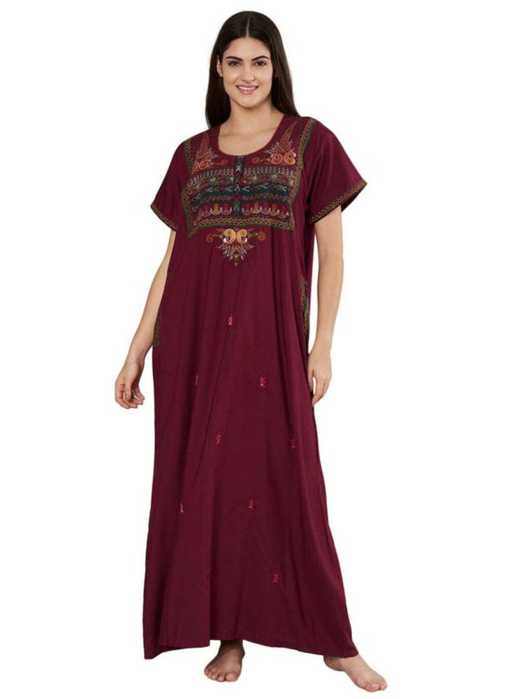 KOI SLEEPWEAR Maroon Embroidered A-Line Night Dress-image-16