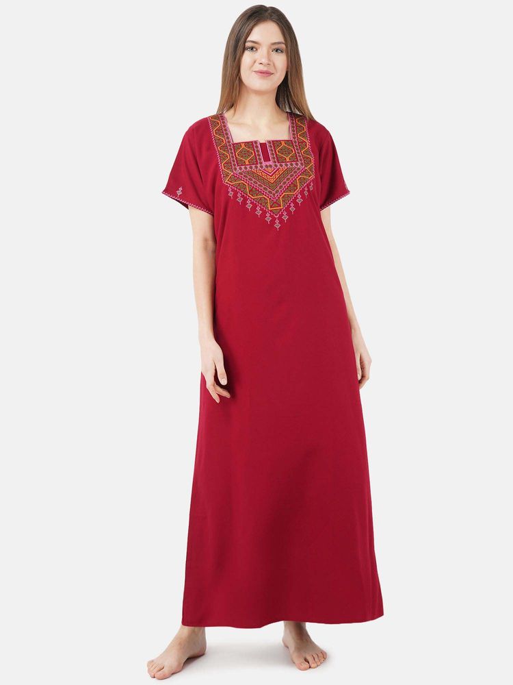 KOI SLEEPWEAR Maroon Embroidered A-Line Night Dress-image-5