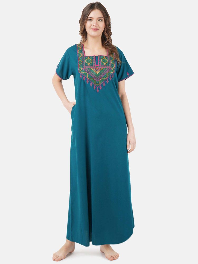 KOI SLEEPWEAR Teal Embroidered A-Line Night Dress-picture-12