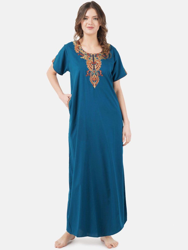 KOI SLEEPWEAR Teal Embroidered A-Line Night Dress-picture-34