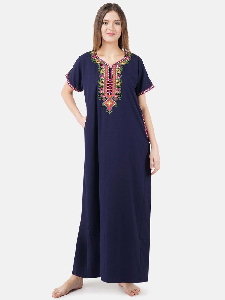 KOI SLEEPWEAR Navy Blue Embroidered A-Line Night Dress-image-48