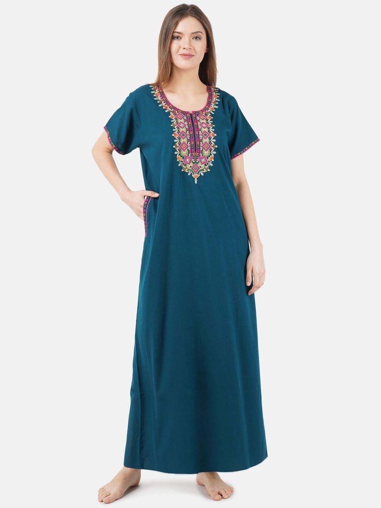 KOI SLEEPWEAR Teal Embroidered A-Line Night Dress-picture-31