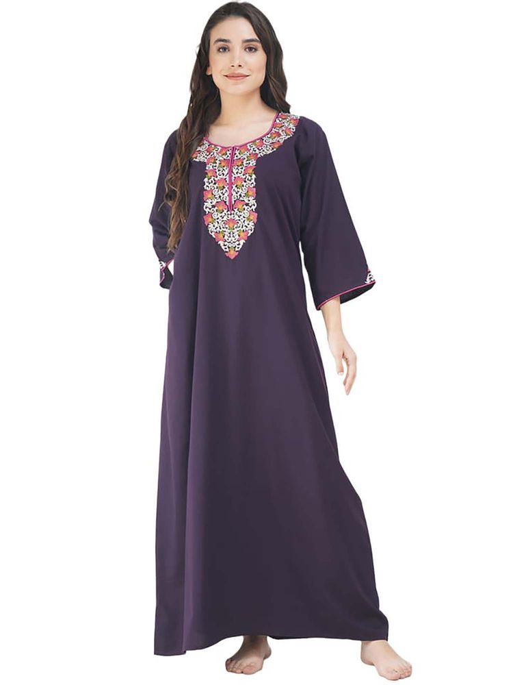 KOI SLEEPWEAR Wine Embroidered A-Line Night Dress-image-11