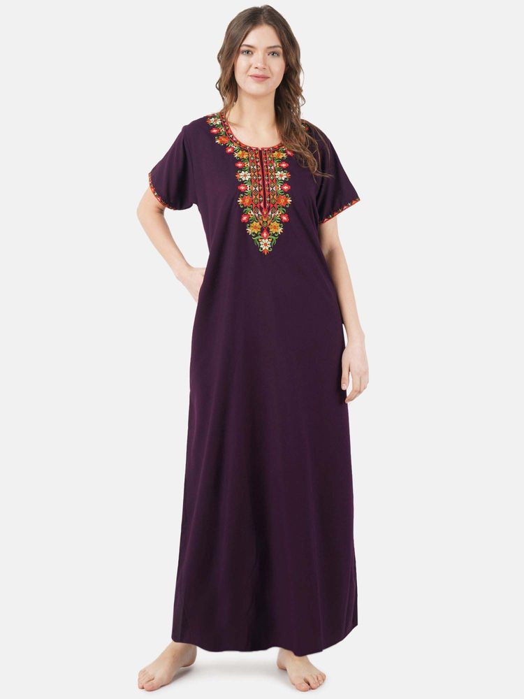 KOI SLEEPWEAR Wine Embroidered A-Line Night Dress-image-45