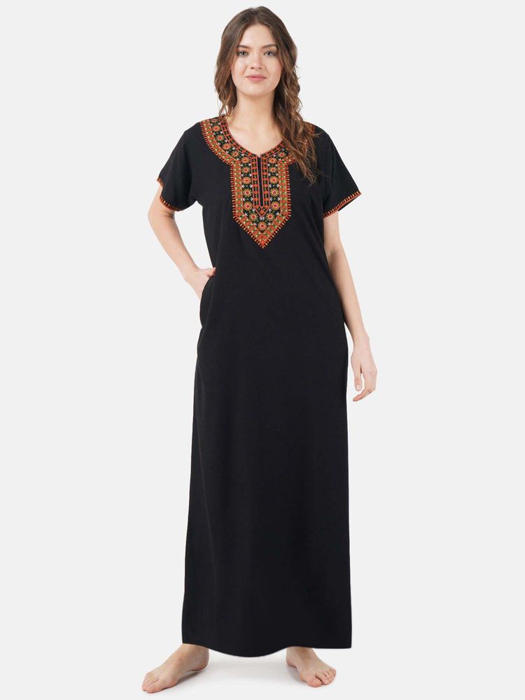 KOI SLEEPWEAR Black Embroidered A-Line Night Dress-image-46