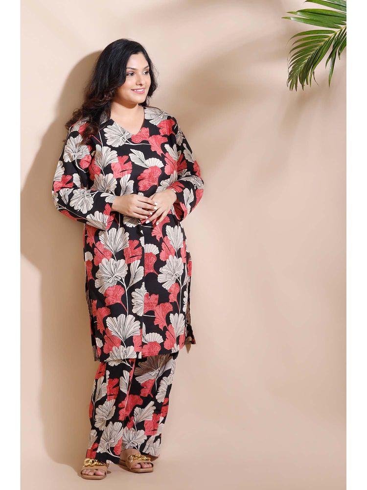 BREATH:ABLES Black Cotton Floral Long Kurta with Pant-image-26