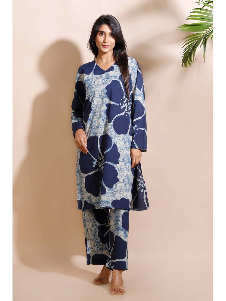 BREATH:ABLES Blue Floral Print Cotton Long Kurta with Pant-picture-24