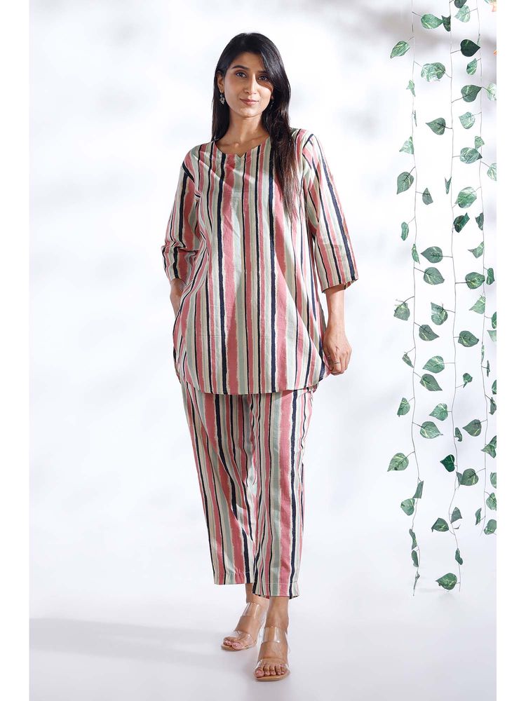 BREATH:ABLES Pink Cotton Stripes Loungewear Kurta with Pant-image-24