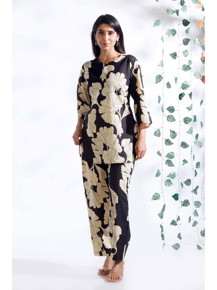 BREATH:ABLES Black Floral Cotton Kurta with Pant-image-3