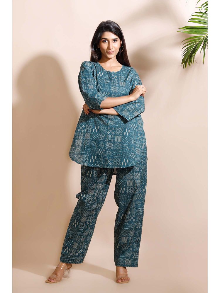 BREATH:ABLES Green Abstract Print Cotton Kurta with Pant-image-6