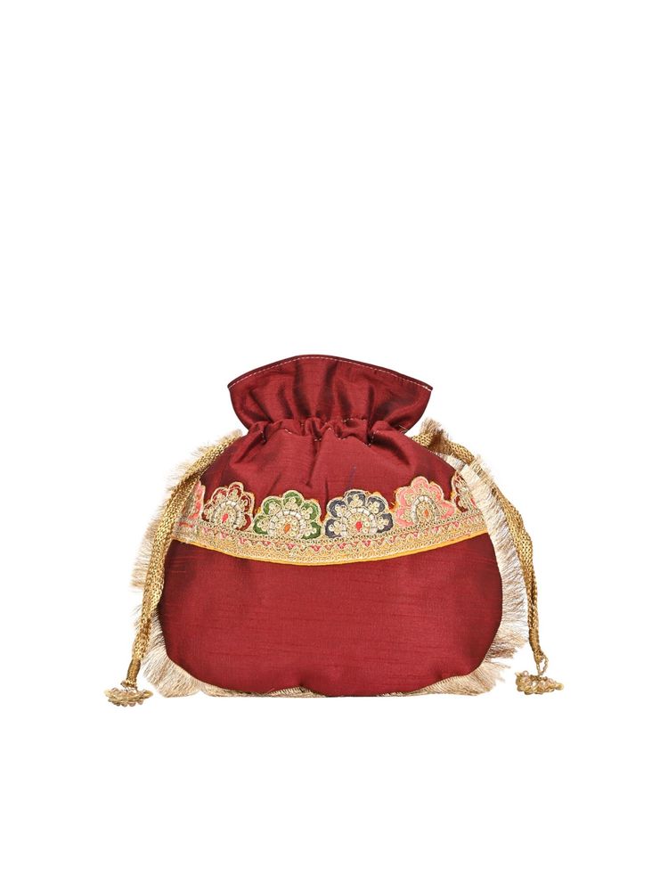 ROCIA By Regal Maroon Women Raw Silk Lace Reversible Potli Bag-picture-31