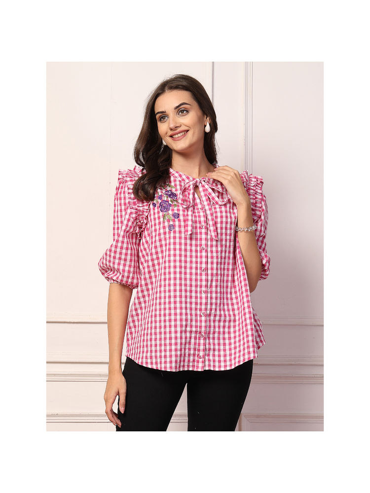 Zelena Pink Cotton Check Printed Maternity Feeding Zipless Top-picture-40