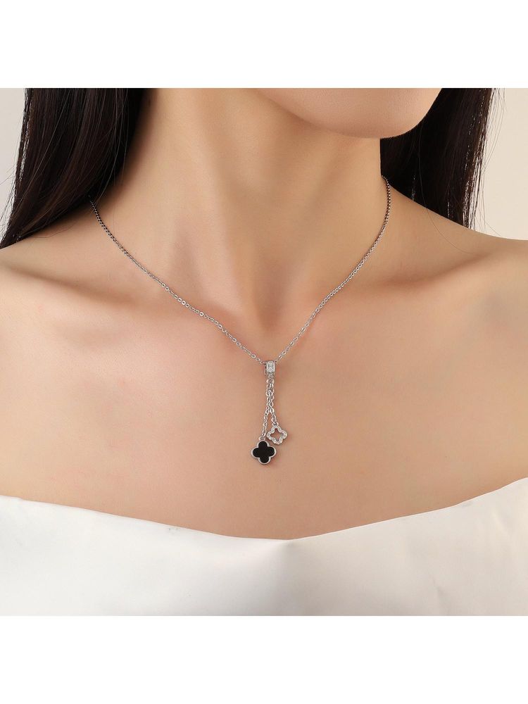 Salty Women Evergreen Clover Hanging Silver and Black Necklace-image-46