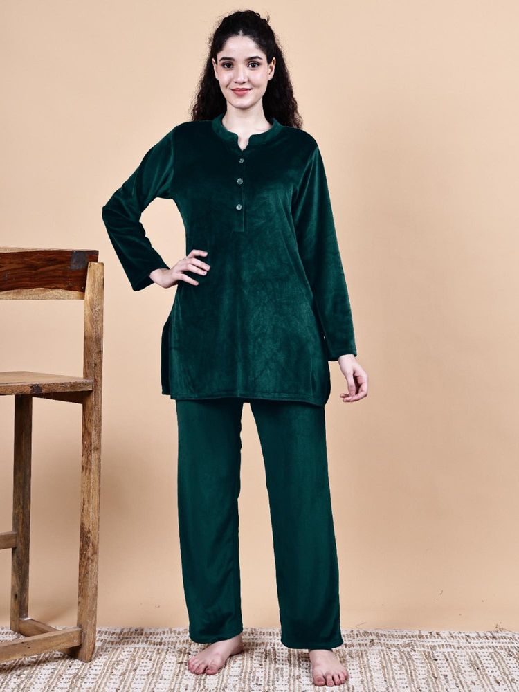 Secret Wish Bottle Green Solid Velvet Winter Night Suit-picture-23