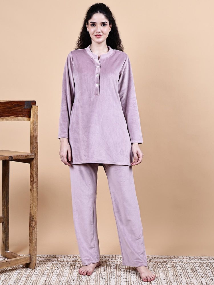 Secret Wish Pink Solid Velvet Winter Night Suit-image-22