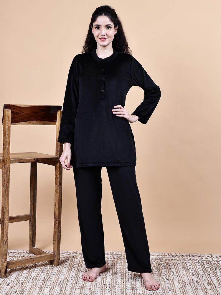 Secret Wish Black Solid Velvet Winter Night Suit-picture-25