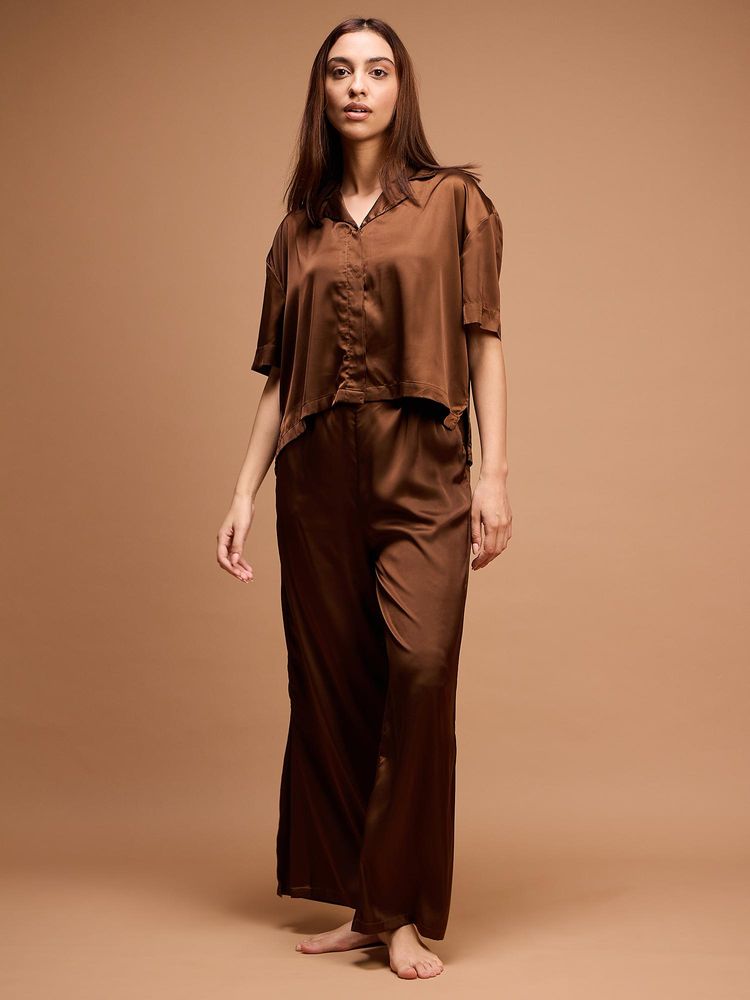 Sweet Dreams Womens Solid Front Open Silky Shirt With Pyjama Brown-picture-17