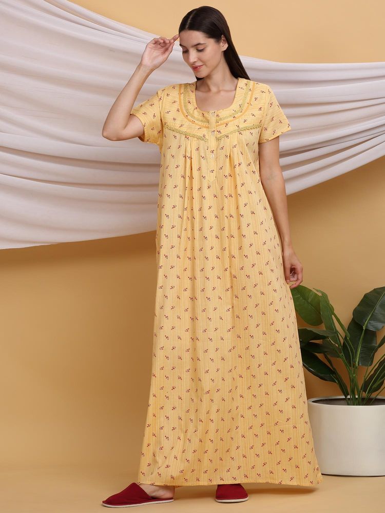 Sweet Dreams Women Printed Night Dress Yellow-picture-11