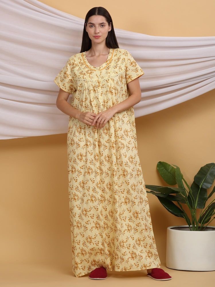 Sweet Dreams Women Printed Night Dress Yellow-picture-26