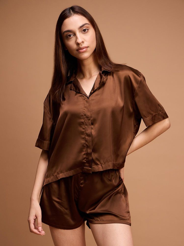 Sweet Dreams Womens Solid Front Open Silky Shirt With Shorts Brown-picture-13