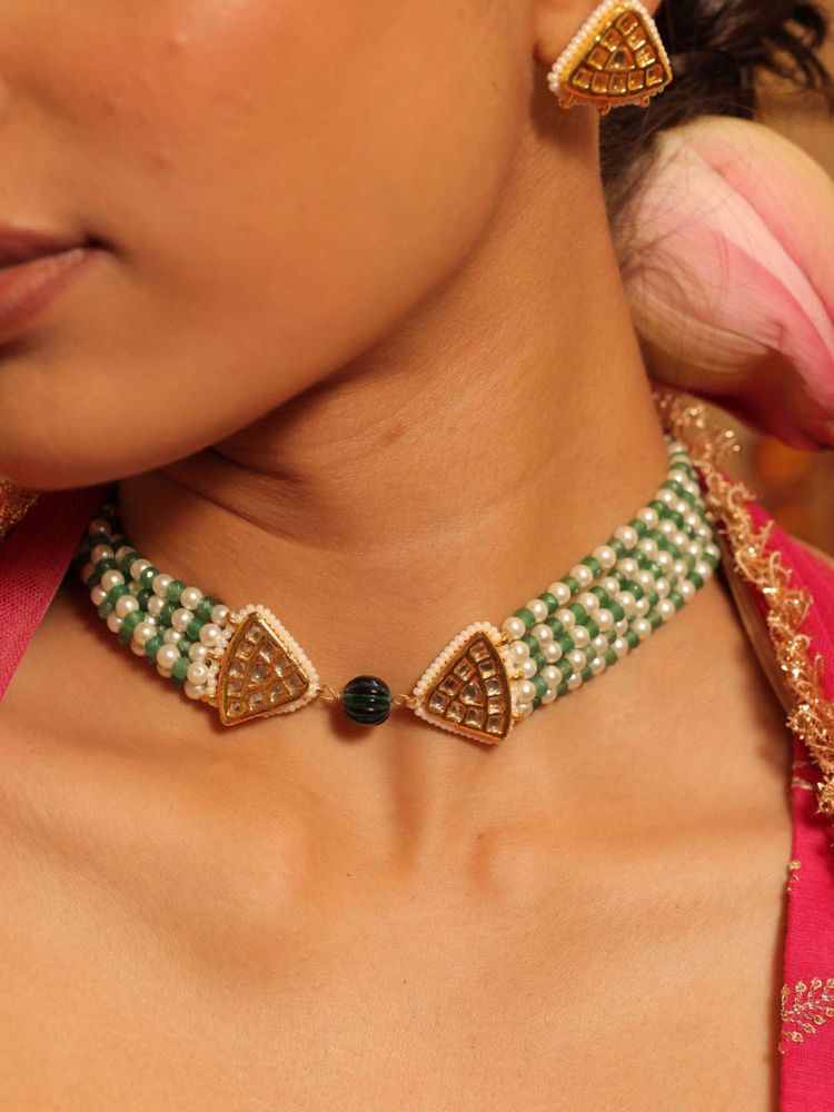 BINNI Mehreen Green Onyx Kundan Choker Set-image-5