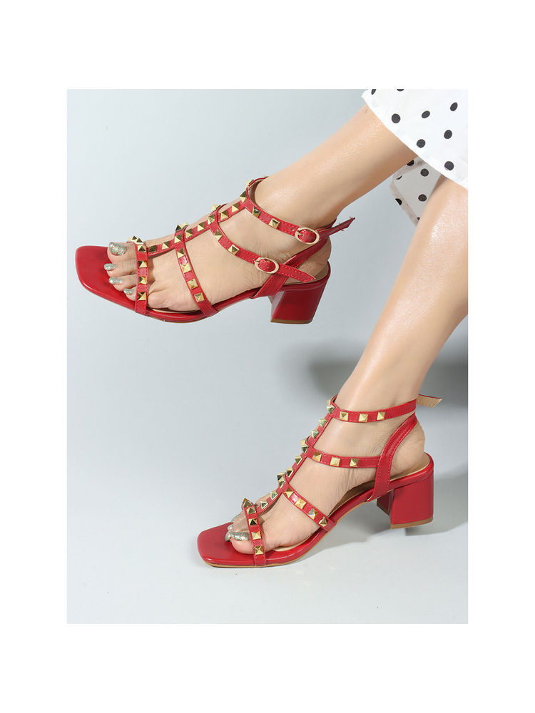 Iconics Womens Square Toe Red Color Ankle Strap Heel Sandals-picture-10