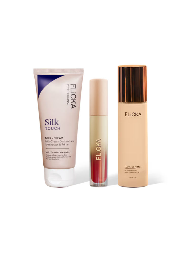 Flicka Makeup Combo - Flawless Femme Foundation Fair + Silk Touch Primer + Ru Ready Lipstick