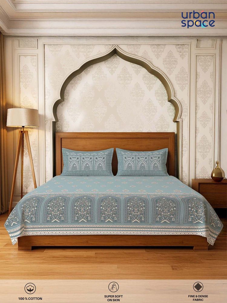 Urban Space Blue Serene 300 Tc Cotton Bedsheet with 2 Pillow Covers (Pack of 3) (Double)-picture-43
