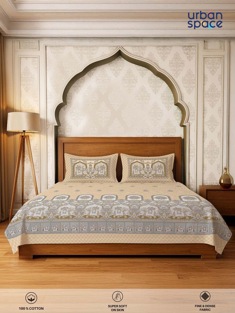 Urban Space Beige Serene 300 Tc Cotton Bedsheet with 2 Pillow Covers (Pack of 3) (Double)-picture-10