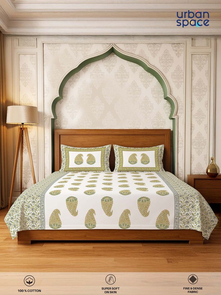 Urban Space Yellow Serene 300 Tc Cotton Bedsheet with 2 Pillow Covers (Pack of 3) (Double)-picture-7