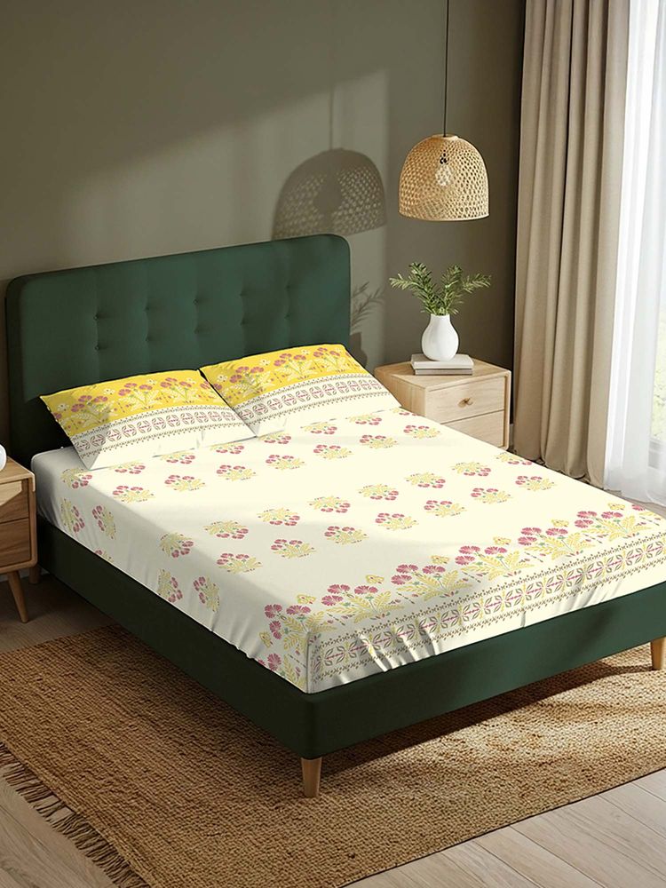 Urban Space Yellow Serene 220 Tc Cotton Bedsheet with 2 Pillow Covers (Pack of 3) (Double)-image-45