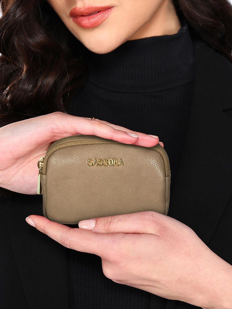 Sassora Genuine Leather Mini Compact Coin Pouch - Taupe (S)-image-22