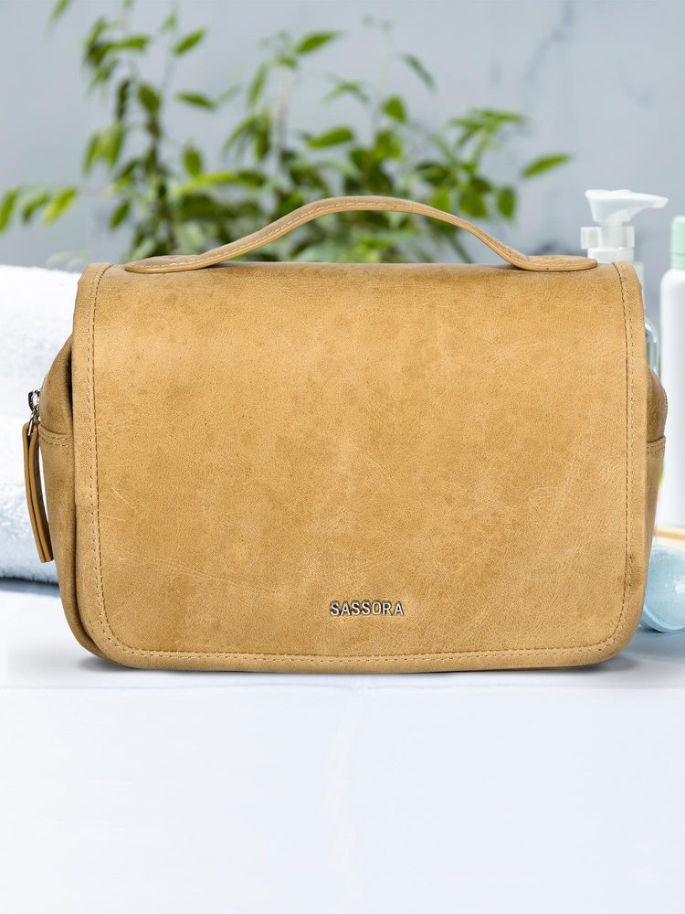 Sassora Premium Leather Flap with Zip Closure Travel Toiletry Pouch - Tan (M)-image-36