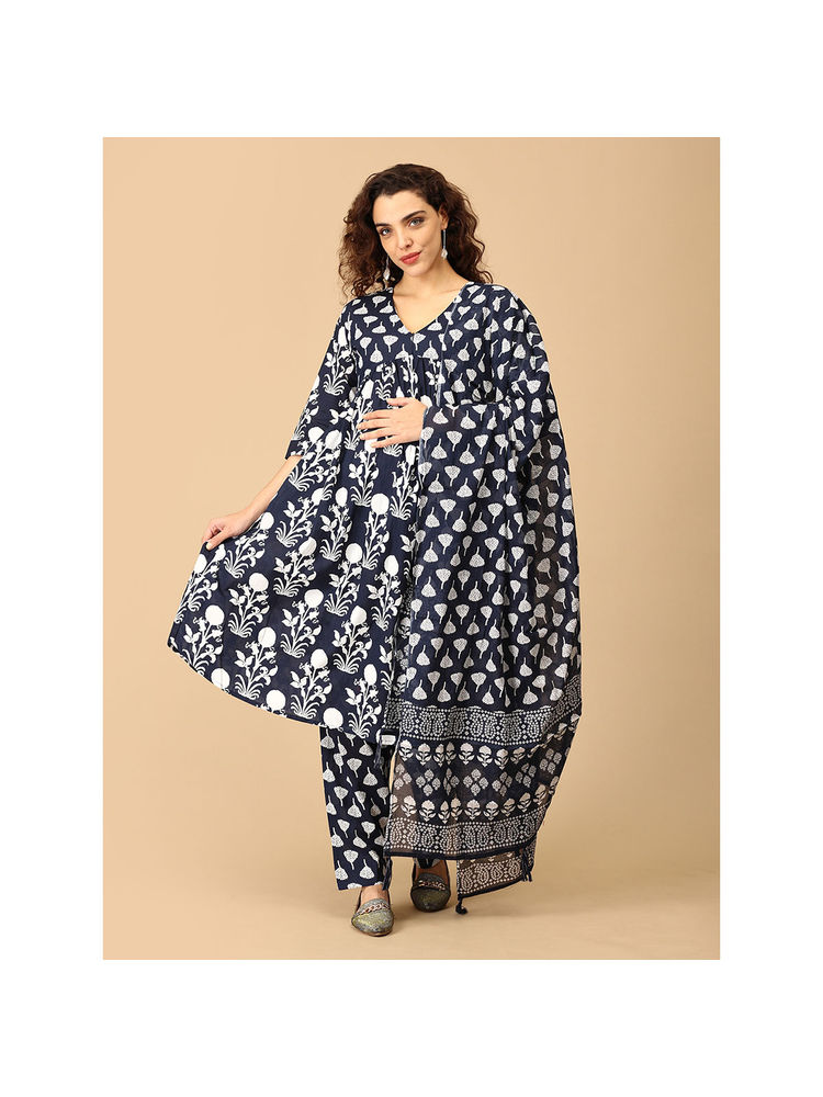 The Mom Store Navy Blue Printed Maternity Kurta with Pant and Dupatta (Set of 3)-image-32
