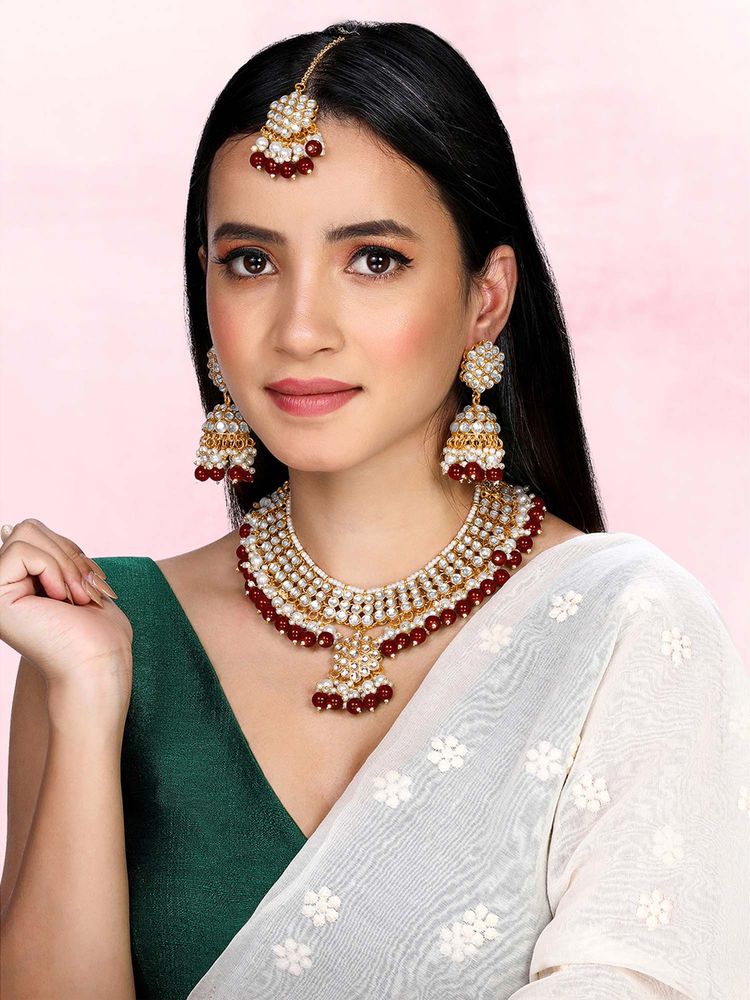 Peora Women Gold Plated Maroon Kundan and Beads Jewellery Set-image-28