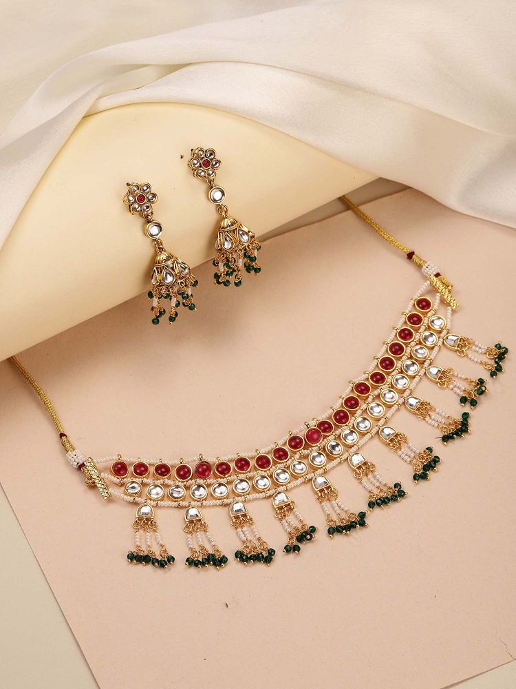 Peora Women Gold Plated Faux Ruby Kundan Jewellery Set-picture-19