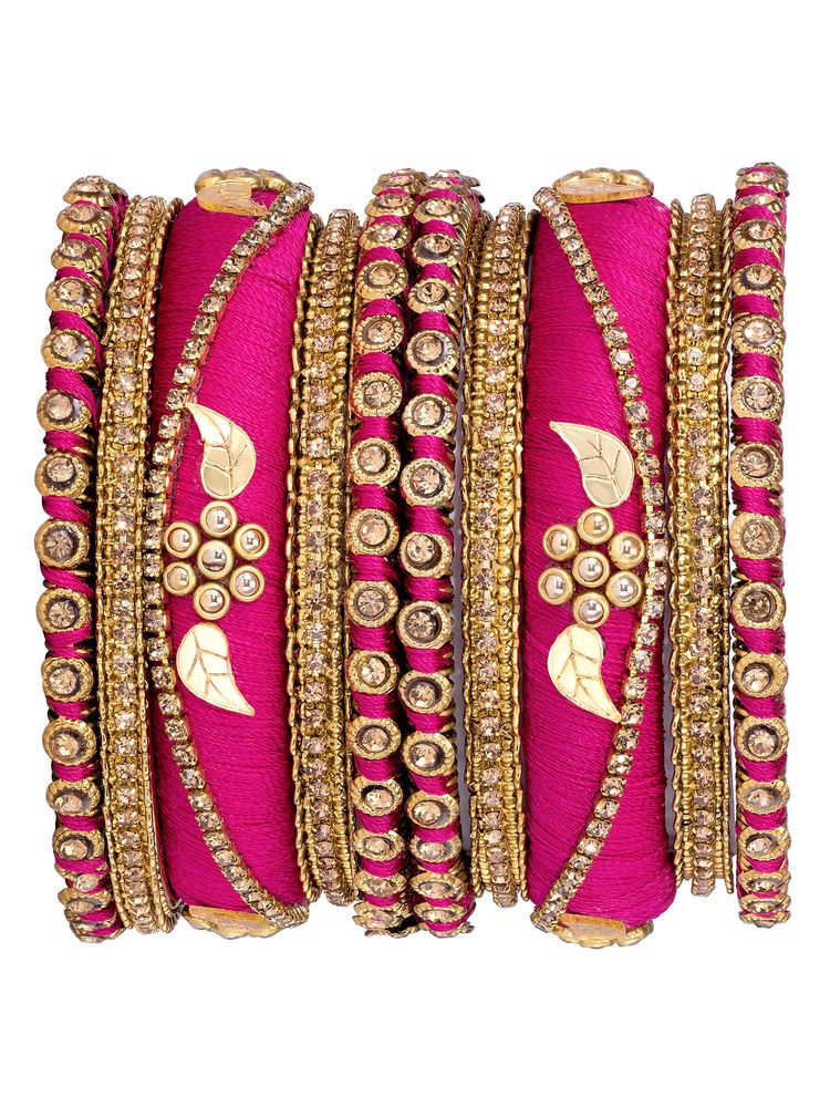 Peora Women Rani Pink Silk Thread and Stone Bangles (2.6) (Pack of 10)-picture-5