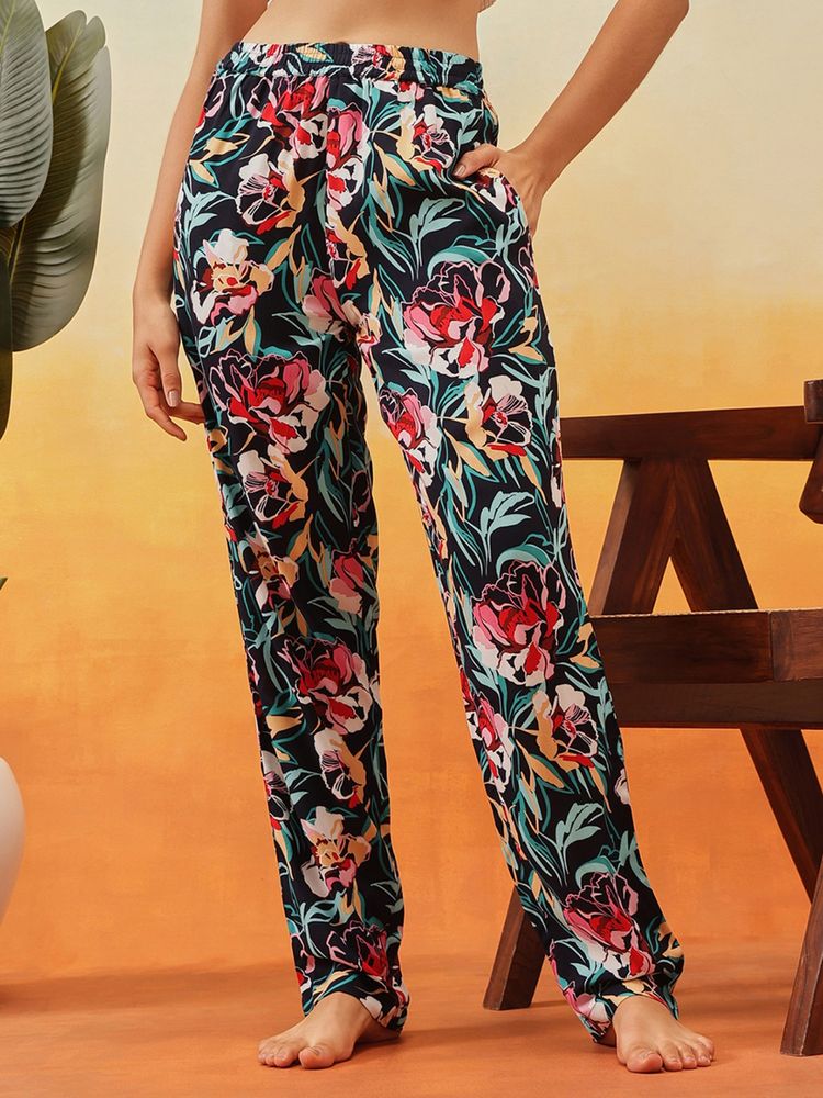 Clovia Rayon Floral Print Pyjama With Pockets Blue-picture-35