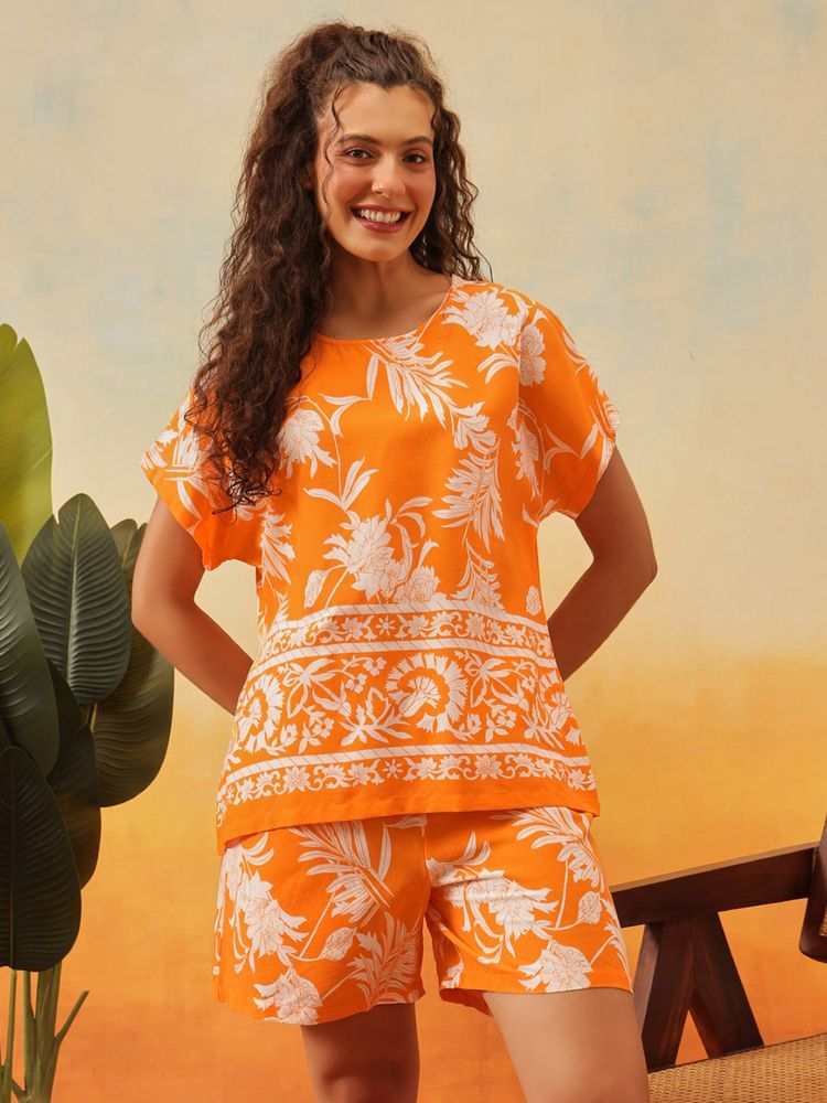Clovia Rayon Floral Print Top And Shorts Orange-picture-24